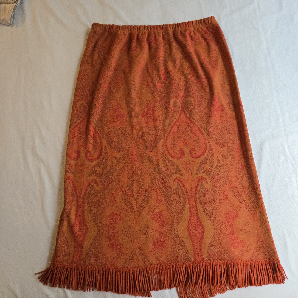Lemmie for Nina Leonard Vintage Russet Orange Paisley Woven Fringed Midi Skirt